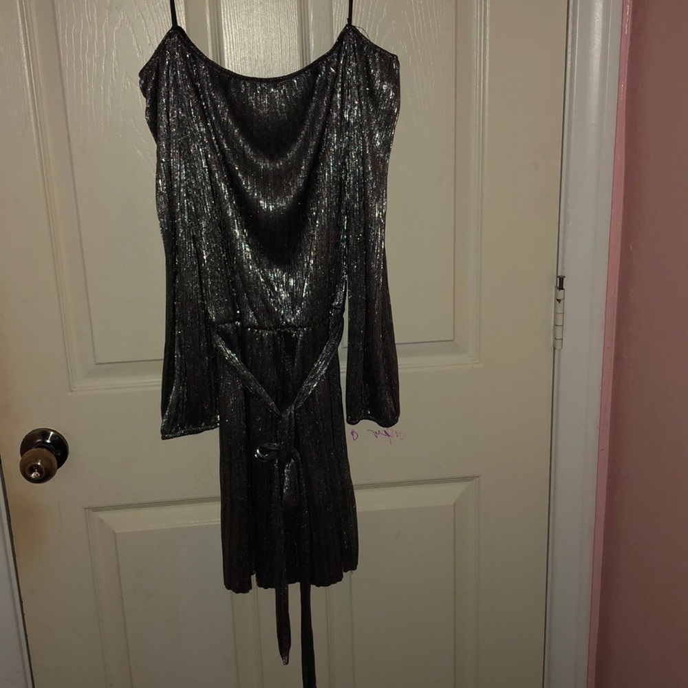Off the shoulder silver foiled dress
